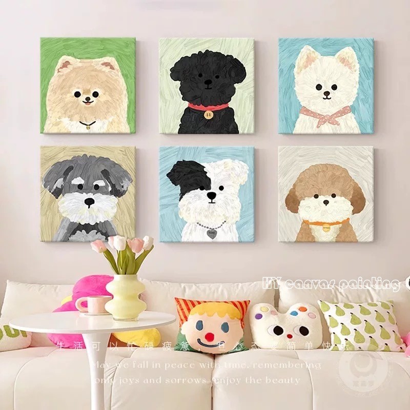 [กรอบไม้ทึบ] น่ารักน่ารักสัตว์เลี้ยงสุนัขรวมกันภาพวาดตกแต่งสไตล์นอร์ดิกห้องนั่งเล่นโซฟาผนังพื้นหลังภาพวาดห้องนอน