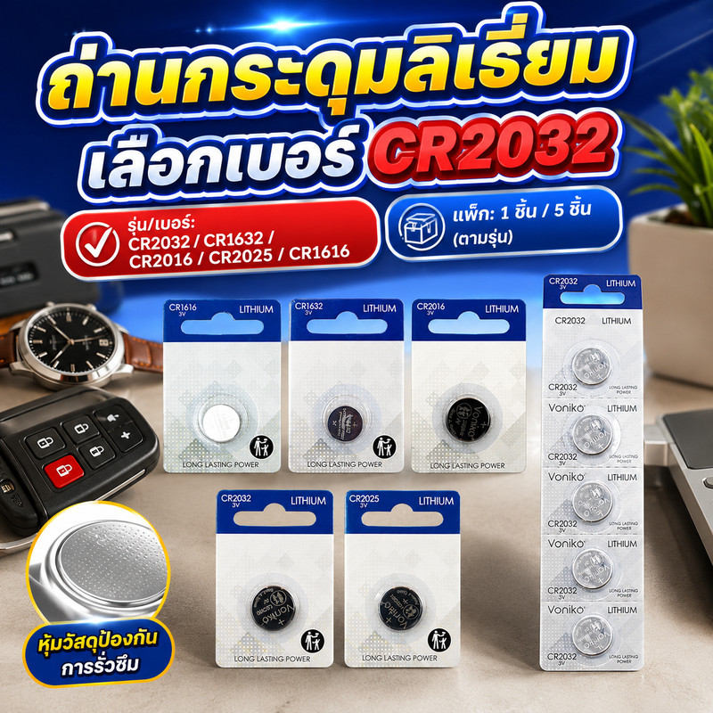 VONIKO ถ่านกระดุมลิเธี่ยม รุ่น CR0001 เลือกเบอร์ CR2032/CR1632/CR2016 สำหรับนาฬิกาและอุปกรณ์อิเล็กทร