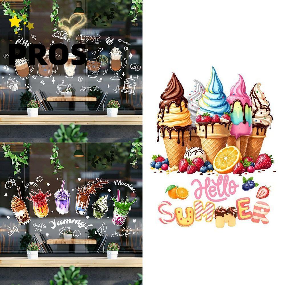 PROS สติ๊กเกอร์ติดหน้าต่างแบบคงที่, สติ๊กเกอร์ Shopwindow หลากสีขนมปัง, ถ้วยชานมคุณภาพสูงการ์ตูนไอศกรีมสติ๊กเกอร์ติดประตูกระจกตกแต่งบ้าน