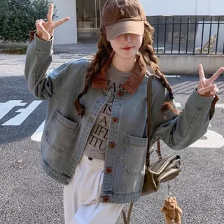 [Grojoy] (คลังสินค้าพร้อม) Retro Contrast Color Lapel Denim Jacket ผู้หญิงหลวม Slimmer ดูล้าง DENIM แจ็คเก็ตฤดูใบไม้ผลิฤดูใบไม้ร่วง All-Match Casual Jacket GRL155 #