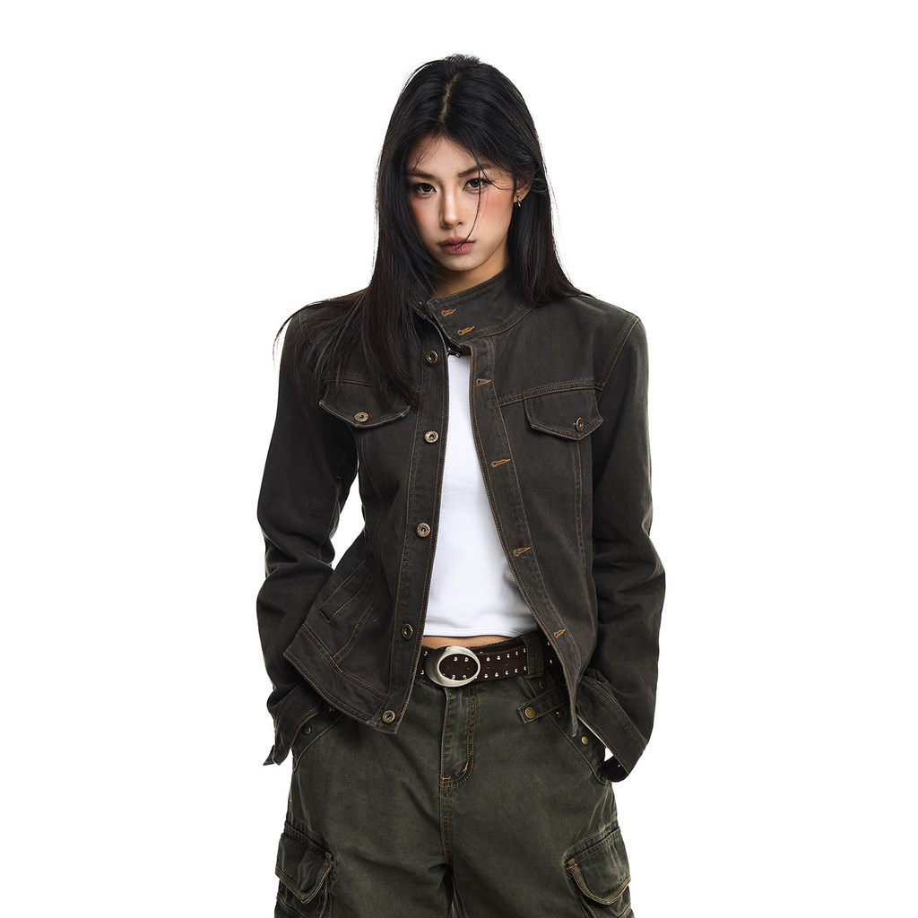 Original Cow Jacket Denim Design DENIM Jacket ผู้หญิงฤดูใบไม้ผลิฤดูใบไม้ร่วง Diagonal Placket Cargo 