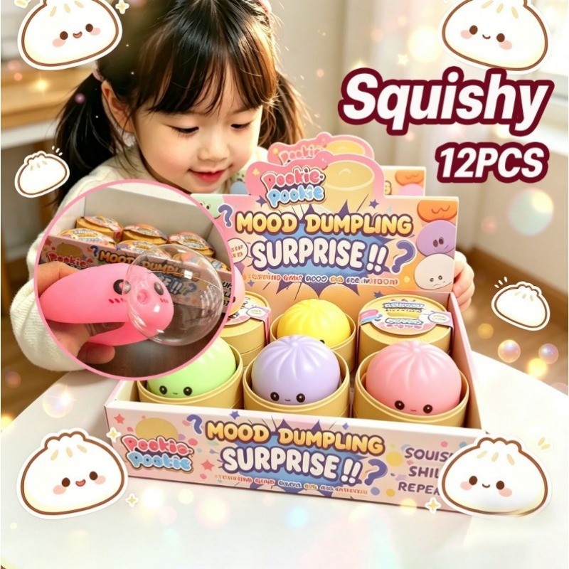 Squishy 12PCS ของเล่นบีบสัมผัส เกี๊ยวความเครียดบรรเทาของเล่นน่ารักนึ่ง ของเล่นพร้อมกล่อง กดและเป่าฟองสบู่