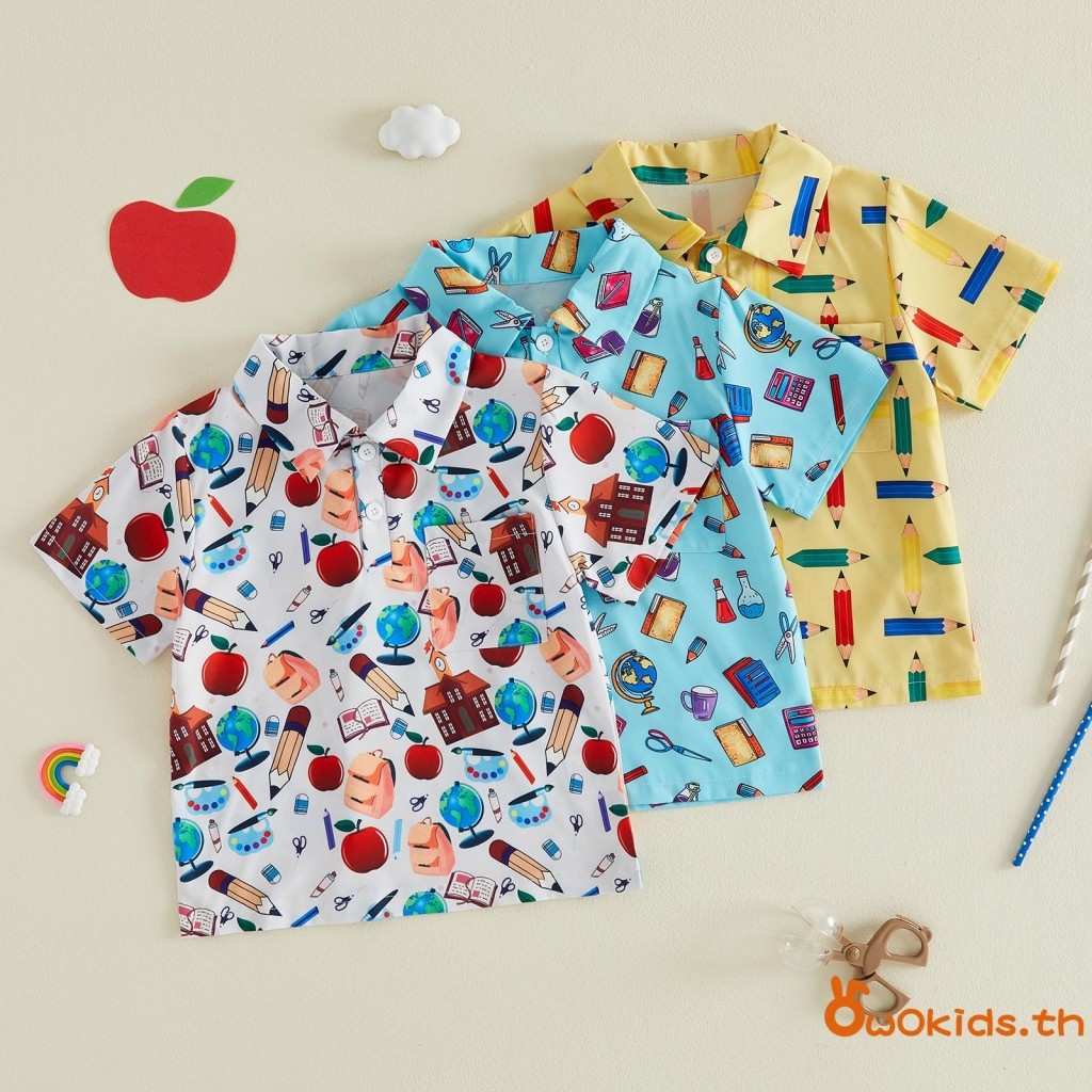 GRAO- Kids Boy Back To School Shirt Casual Loose Fit Stylish Print Half Button Up Collared Short Sle
