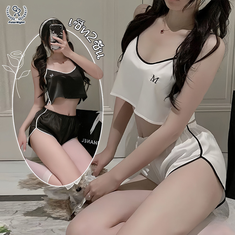 Polar_night❣️❣️ใส่สบาย ซาติน ชุดสองชิ้น ชุดนอน ลายจุด แขนระบาย คอวี เสื้อ+กางเกง ส่งไวจากไทย