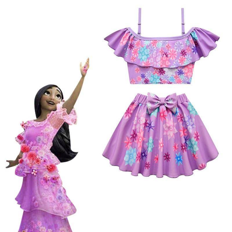 TB2 Girls Encanto Isabella Madrid Animation ชุดว่ายน้ําชุดยืดหนึ่งไหล่เด็กชุดว่ายน้ําดอกไม้สีม่วง