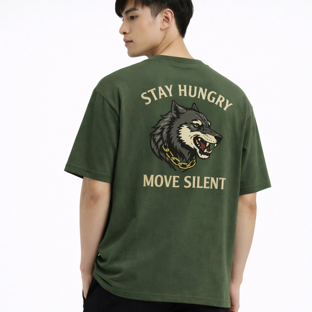 แฟชั่นขายร้อนผู้ชาย Stay Hungry Move Silent Wolf รูปแบบเสื้อยืด Street Wear ผ้าฝ้ายหลวม Fit