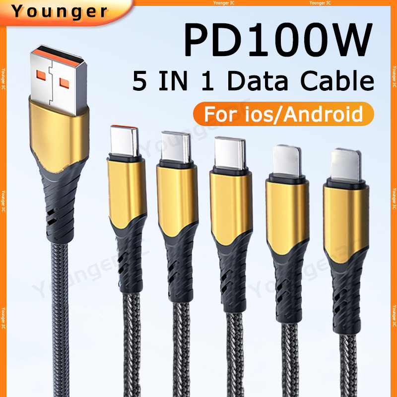 สายชาร์จเร็ว 5A | สายป้องกันการโค้งงอนไนลอน PD100W | สายชาร์จโทรศัพท์ USB/Type C 5 IN 1 | สําหรับ ios/Android