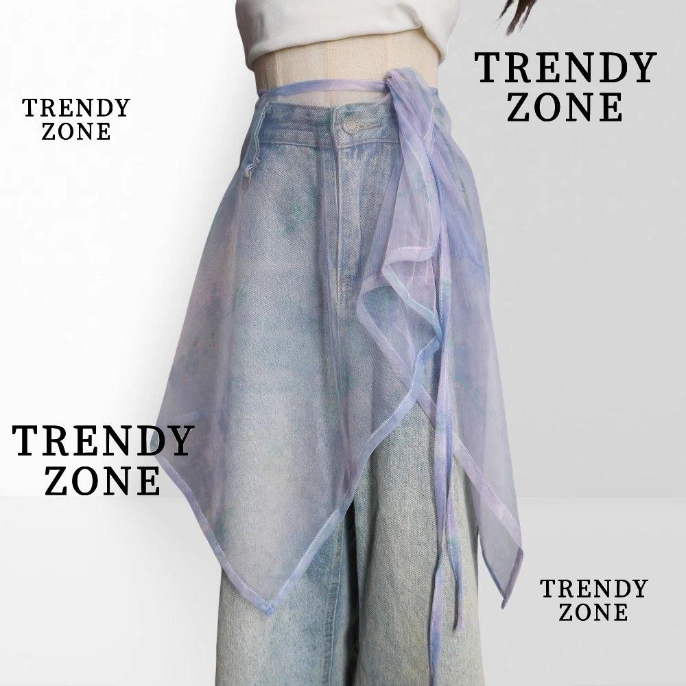TRENDYZONE กระโปรง midi ลายลูกไม้ ผ่าข้าง สายเดี่ยวปรับขนาดได้ เอวสูงระบายอากาศได้ สไตล์ยีนส์ตกแต่ง