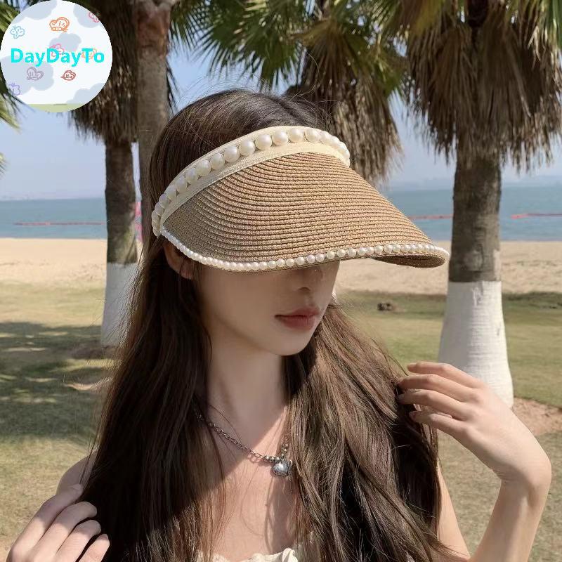 DayDayTo แฟชั่น Raffia Sun หมวกผู้หญิงเปิด Pearl Decor กว้าง Brim หมวกชายหาด Elegant สําหรับการเดินทางและ Camping TH