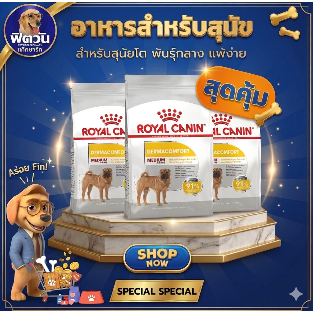 ROYAL CANIN Medium Dermacomforสำหรับสุนัขพันธุ์กลางผิวแพ้ง่าย ขนาด 12 กก.{อาหารสุนัขเม็ด}