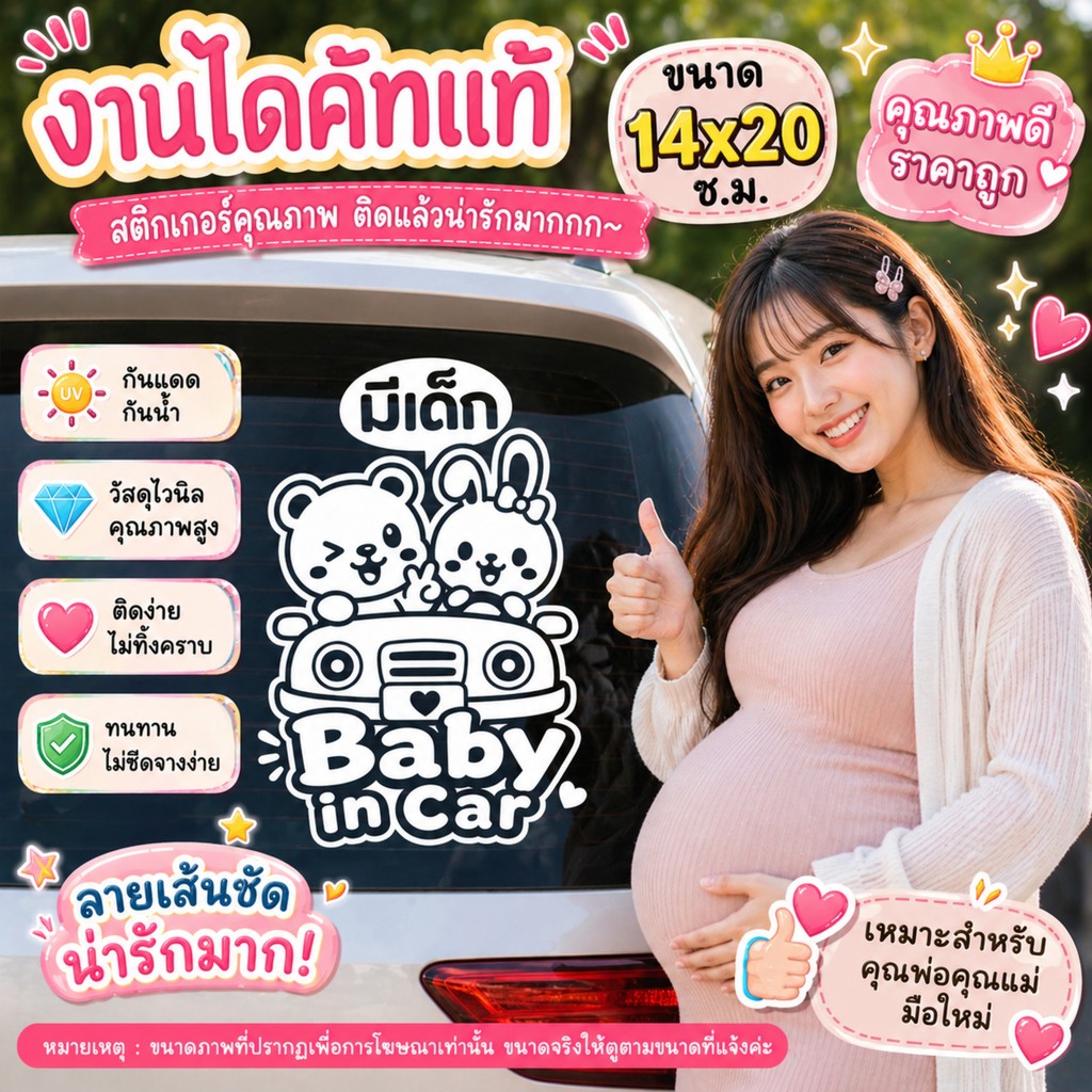 สติ๊กเกอร์ BABY IN CAR ลายหมีและกระต่ายเริงใจ รุ่น: BD-789 งานไดคัทแท้ ขนาด 14*20ซ.ม.