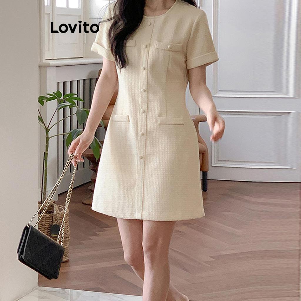 Lovito ชุดเดรสหรูหรา ชุดเดรสปุ่มธรรมดาสําหรับผู้หญิง LNE69055
