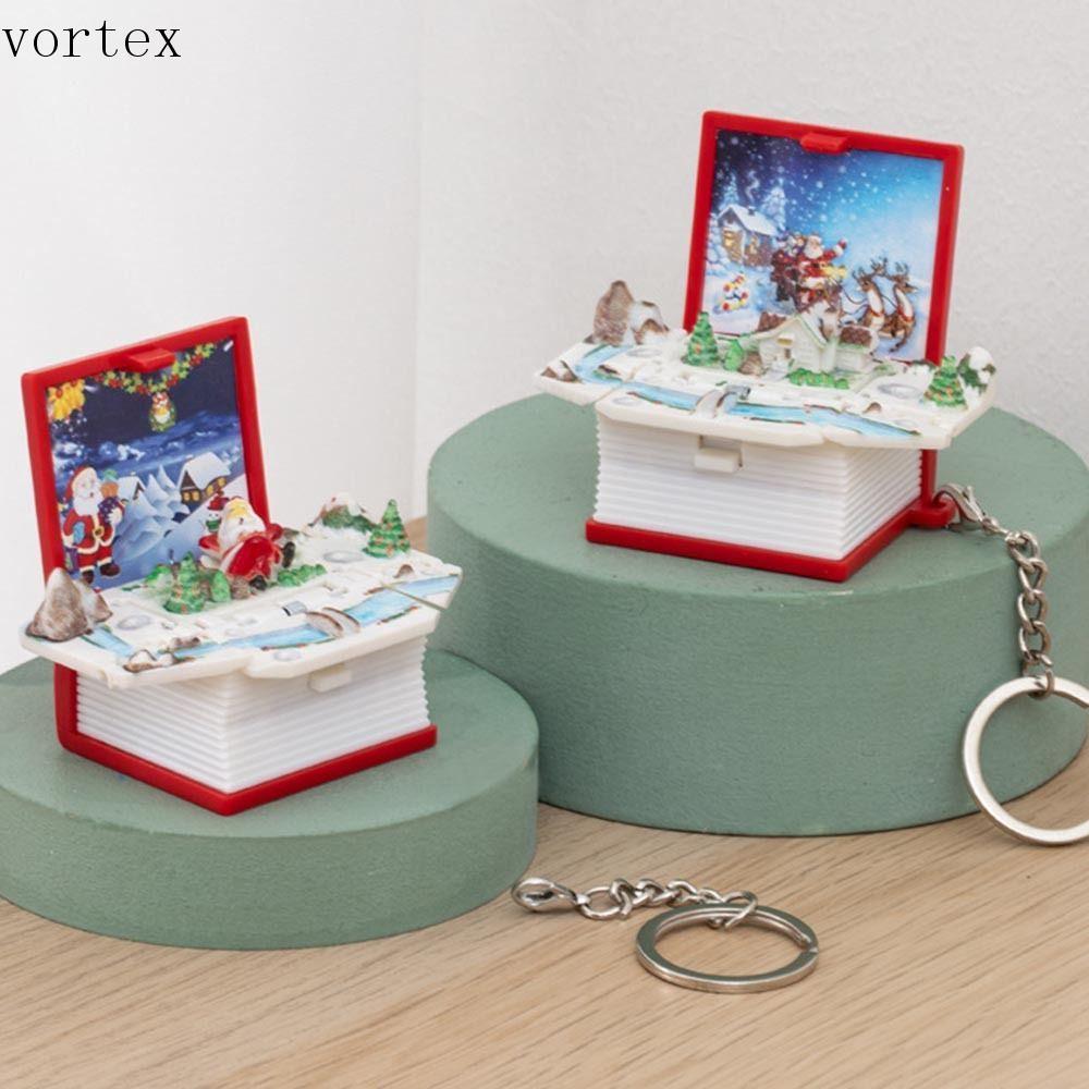 VORTEXG 3D Mini Fold Book พวงกุญแจ, พลาสติก 3D Christmas Santa Fold Book, Creative Educational Scien