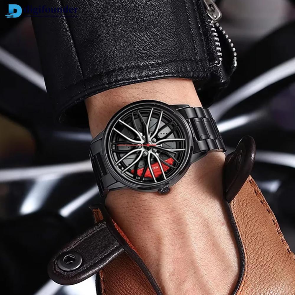 DIGIFOUNDER ผู้ชายรถล้อ Rim Hub Design ควอตซ์นาฬิกาโลหะผสมกีฬานาฬิกาข้อมือแฟชั่น Timepiece สําหรับชา