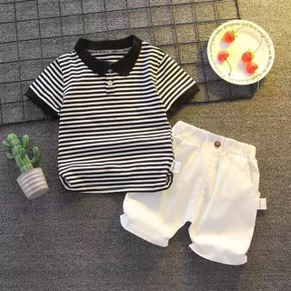 [Cotton Life]ชุดเด็กผู้ชาย เสื้อโปโลลายริ้วแขนสั้น + กางเกงขาสั้น 2 ชิ้น ผ้าฝ้ายนุ่ม ฤดูร้อน ใส่สบาย