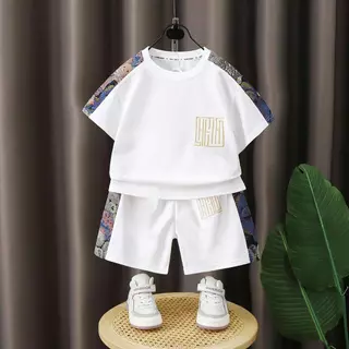 เด็ก สูทสองชิ้น สูทเสื้อแขนสั้น กางเกงขาสั้น สูทขาวดํา ดีไซน์ปัก สไตล์ชาติพันธุ์ แฟชั่นเบาๆ ระบายอากาศเย็นสบายทุกวัน ขนาด 90-160