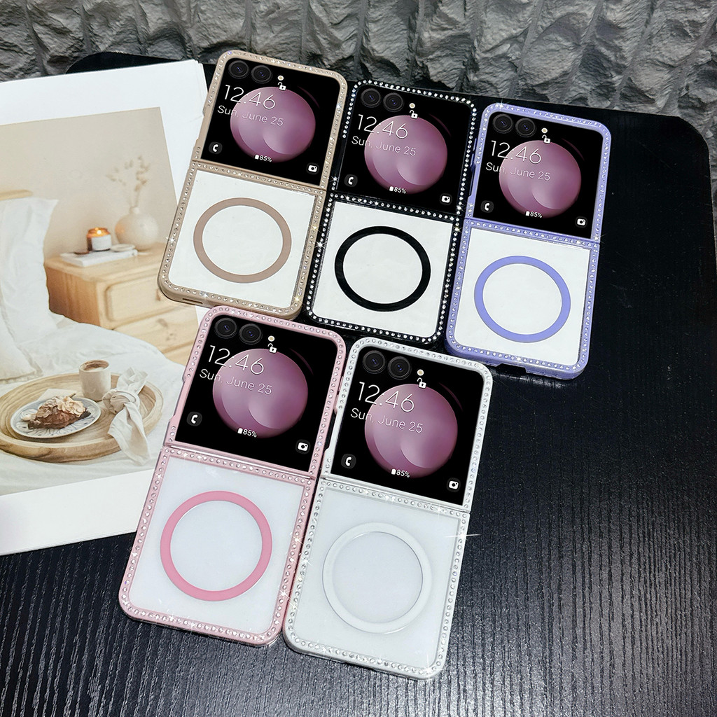 เคสโทรศัพท์ Rhinestone แม่เหล็กสองด้านใสสําหรับ Samsung Galaxy Z Flip7 Z Flip7FE Z F
