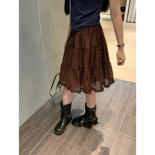 Cicishop(Q2613) กระโปรงลายจุดผ้าชีฟอง ดีเทลแต่งระบาย มีซับใน เอวสม็อค สไตล์สาวเกาหลี