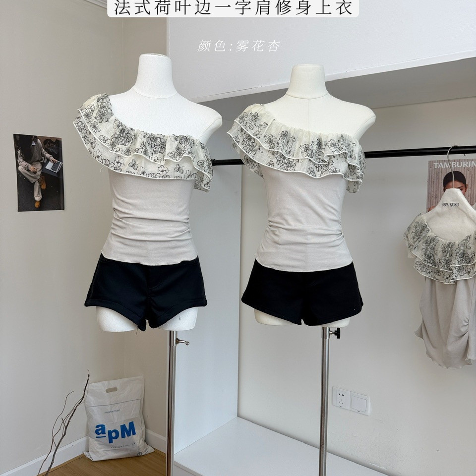 [สินค้าใหม่ขายร้อน] เสื้อยืดทรงเข้ารูปไหล่จับจีบฝรั่งเศส 8TZH