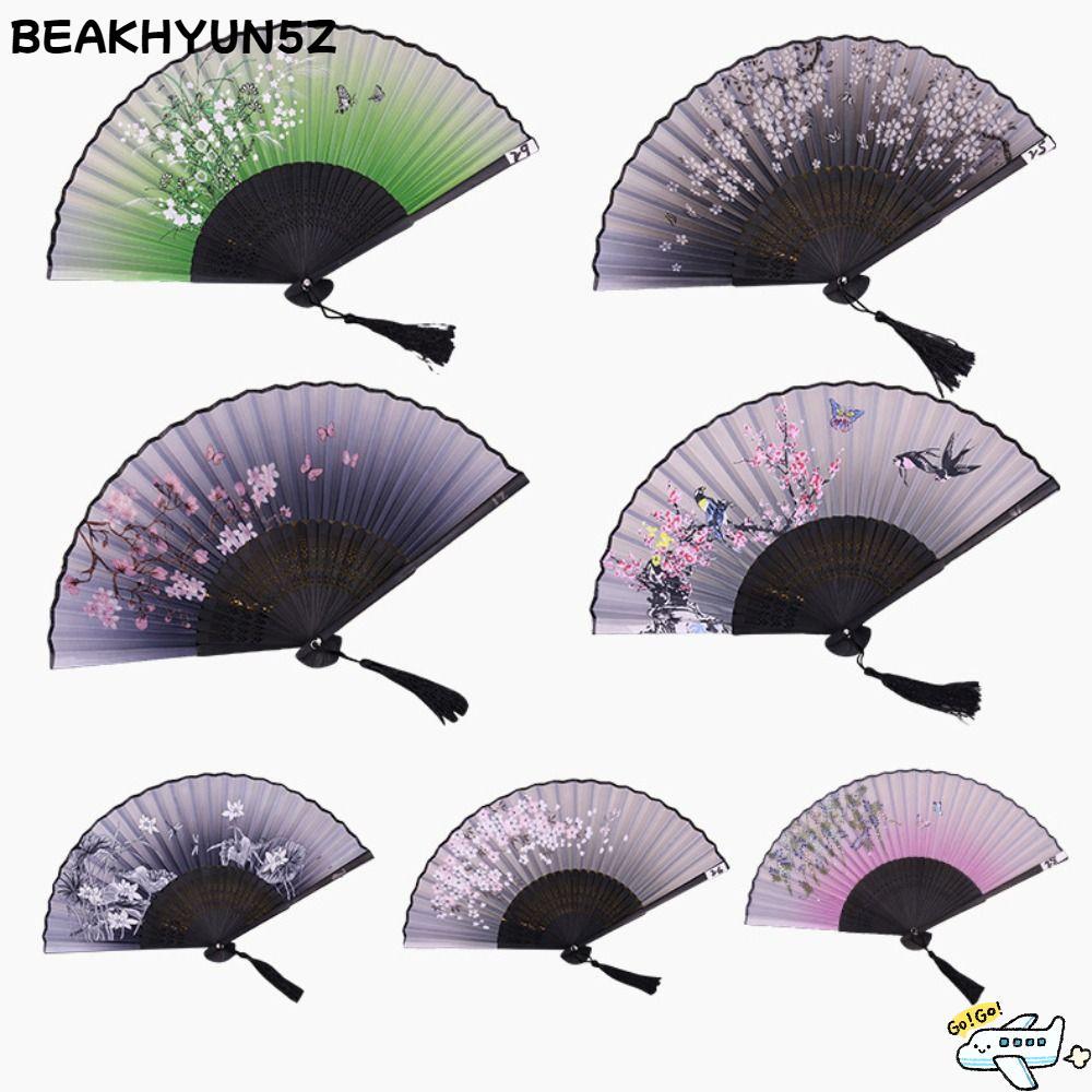 BEAKHYUN5Z พัดลมพับผ้าไหม, การออกแบบพับ Art Craft พัดลมสไตล์วินเทจ, สไตล์วินเทจวัสดุผ้าไหมพัดลมมือตกแต่งบ้าน
