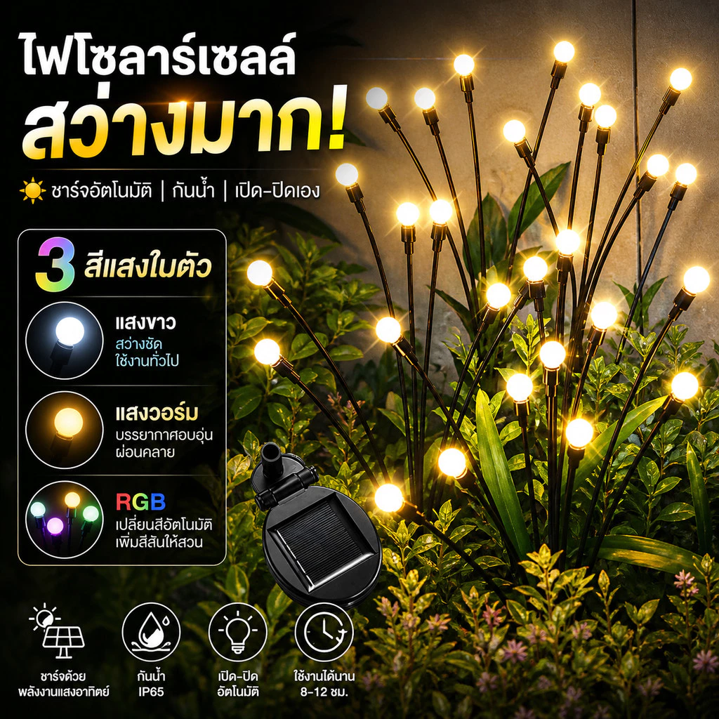 10LED ไฟโซลาร์เซลล์ตกแต่งสวน LED 3 สีในตัว กันน้ำ IP65 ชาร์จอัตโนมัติ เปิด-ปิดเอง ไฟประดับสนาม ไฟแต่งสวนสุดสวย
