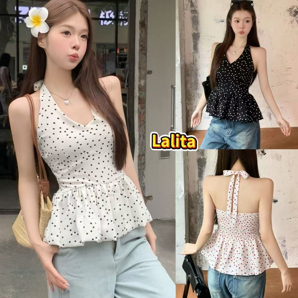 Lalita ส่งไวจากไทย เสื้อยืดผู้หญิง แขนกุด ลายจุด คล้องคอ หวานเซ็กซี่ ใส่แล้วสวย