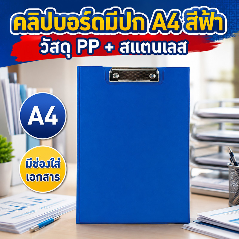 คลิปบอร์ดมีปกแนวตั้ง A4 สีฟ้า วัสดุ PP + สแตนเลส ขนาด 22×31×0.5 ซม. มีช่องใส่เอกสารด้านใน