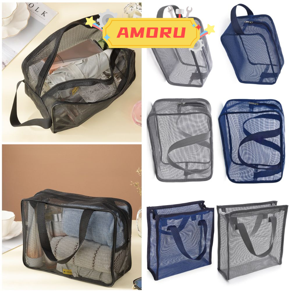 AMOR12U7 ถุงตาข่ายอาบน้ํา, Quick Dry สีเทาสีฟ้า Handhold Storage Bag,แบบพกพารั่วน้ํา Beach Mesh Gym 