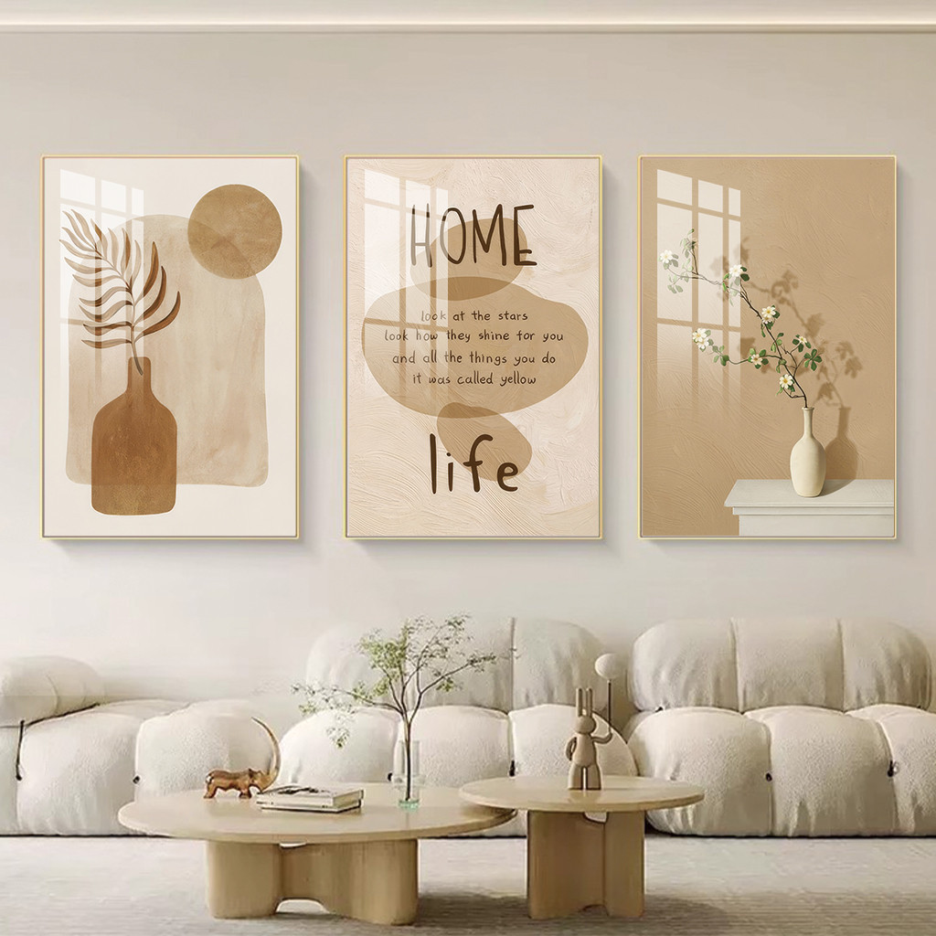 ชุดภาพติดผนัง 3 ชิ้น สไตล์มินิมอล โทนธรรมชาติ ลายดอกไม้ ข้อความ "HOME life" ตกแต่งห้องนั่งเล่น ห้องนอน สไตล์โบโฮหรูหรา