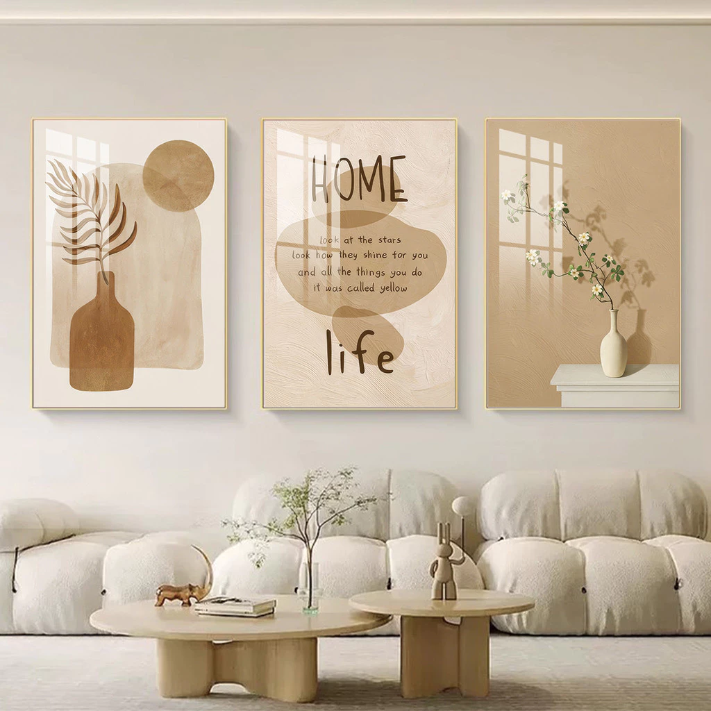 ชุดภาพติดผนัง 3 ชิ้น สไตล์มินิมอล โทนธรรมชาติ ลายดอกไม้ ข้อความ "HOME life" ตกแต่งห้องนั่งเล่น ห้องนอน สไตล์โบโฮหรูหรา