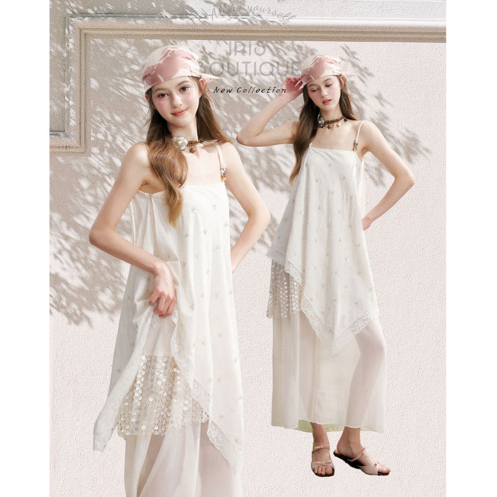Original Design IRIS BOUTIQUE Trims series summer ID3955Celestia Lace Layered Maxi Dress in Whiteกระโปรงยาวเลเยอร์ลูกไม้