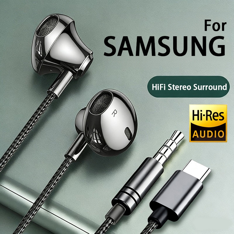 Type-C หูฟังแบบมีสายสําหรับ Samsung Galaxy S24 S23 S22 S21 Ultra 3.5 มม.หูฟังชนิดใส่ในหู A54 A53Note20 10 5G USB-C หูฟังแบบมีสาย