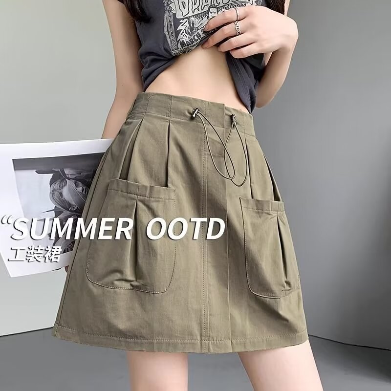 สไตล์อเมริกัน Quick-Drying Overalls กระโปรงหญิงฤดูร้อนสาวร้อน Drawstring เอวยางยืด a-Line กระโปรง An