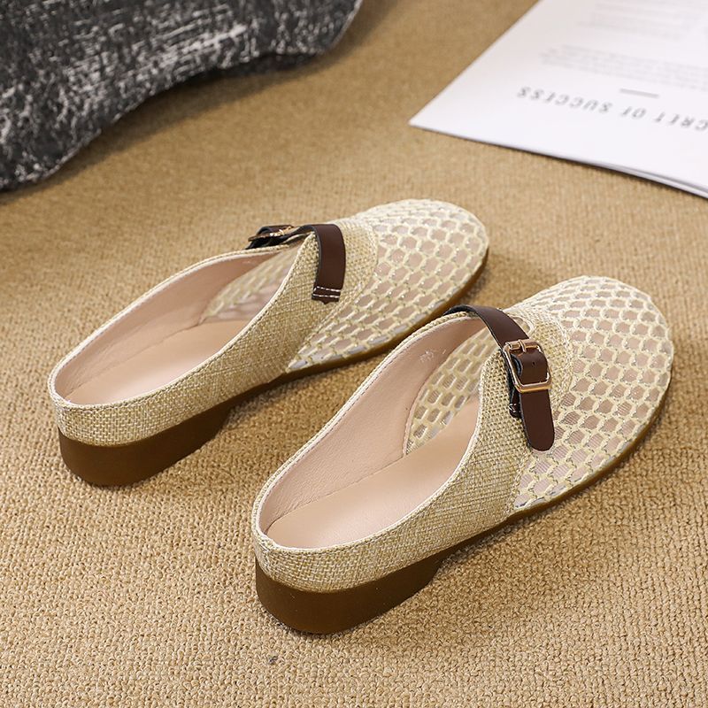 2025 ฤดูร้อนตาข่ายขนมปัง Toe รองเท้าแตะสุภาพสตรีใหม่ French Oxford Soft Sole แบน Hollow ครึ่งรองเท้า