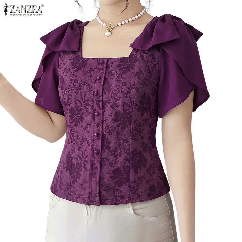 ZANZEA เสื้อกลีบแขนสั้นแบบเกาหลี ทรงสแควร์คอดีไซน์ทันสมัย กับซิปด้านข้างสำหรับผู้หญิง — صورة 4