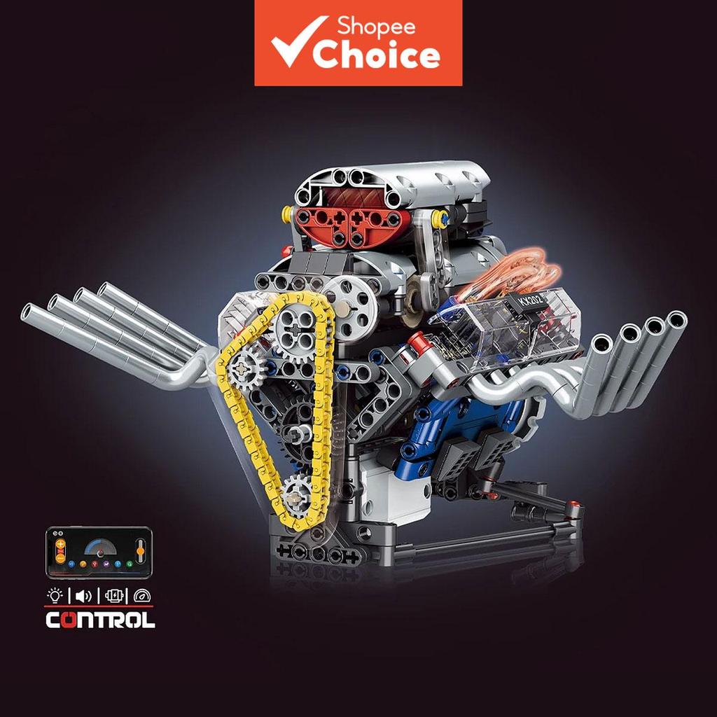 ชุดบล็อกตัวต่อเครื่องยนต์ V8 รุ่นเทคนิค MOC พร้อมระบบไฟ LED, การเขียนโปรแกรมผ่านแอป, มอเตอร์ขับเคลื่อนเครื่องยนต์ซูเปอร์คาร์ ของเล่นที่เหมาะสําหรับผู้ใหญ่และเด็ก