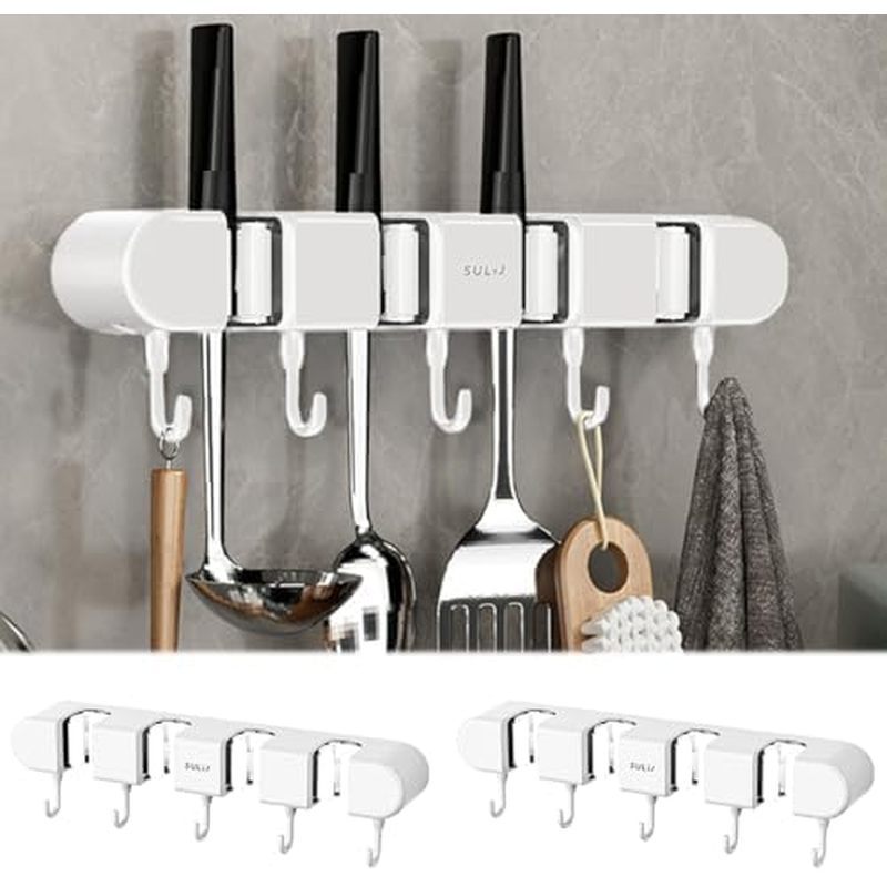 2Pcs Broom Holder Wall Mount, No-Drilling Self-Adhesive Mop and Broom Storage Rack with Hooks (4 Rac