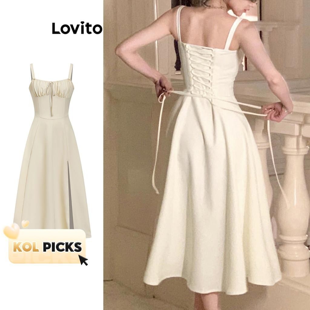 (KOL‘s pick) Lovito ชุดเดรสผู้หญิง ผูกเชือกด้านหน้า ด้านหลัง สีพื้น สไตล์หรูหรา L74ED185(หลากสี)