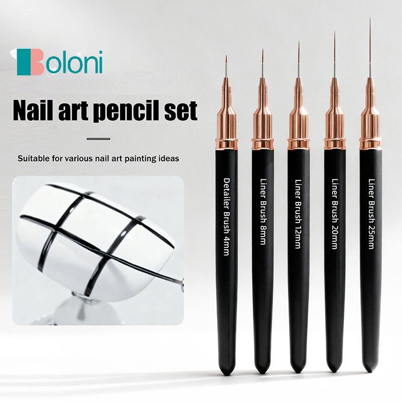 [Boloni] 5PCS Nail Art Liner แปรงขนาดภาพวาดเล็บออกแบบปากกา 4/8/12/20/25 มม.เครื่องมือสําหรับเส้นยาวรายละเอียดบางปากกาแต่งเล็บใหม่