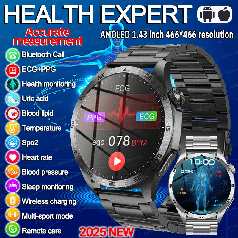 สําหรับ iOS Android ใหม่การวัดสุขภาพ SmartWatch ผู้ชายออกซิเจนในเลือด Uric Acid ECG + PPG Body ความด