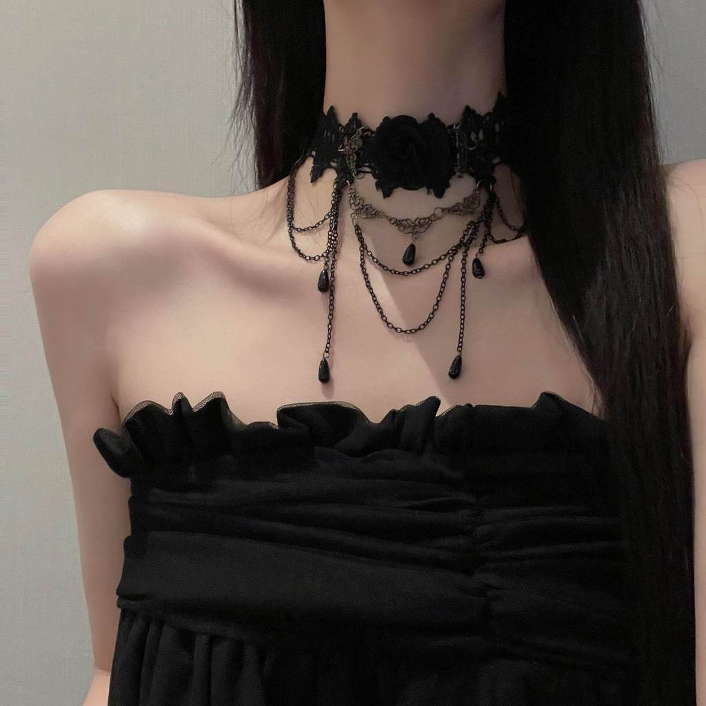 ลูกไม้สีดําคออุปกรณ์เสริมตกแต่งสร้อยคอผู้หญิงคอพู่จี้ Rose สายคล้องคอ choker Dark สไตล์ K80K