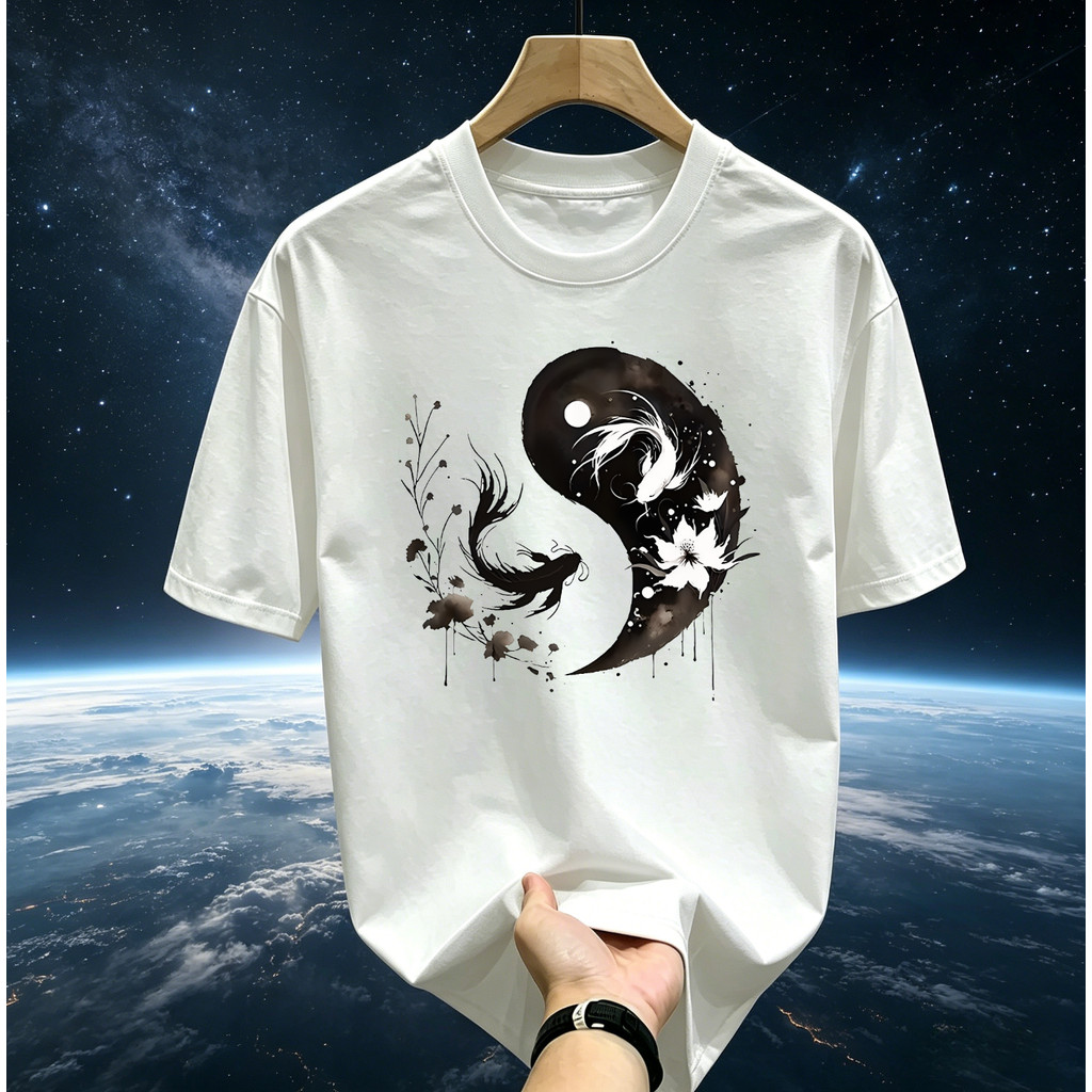 ((จัดส่ง 24 ชั่วโมง) Ink Yin Yang Koi Oriental Zen เสื้อยืดแขนสั้นดอกไม้สีดําสีขาว
