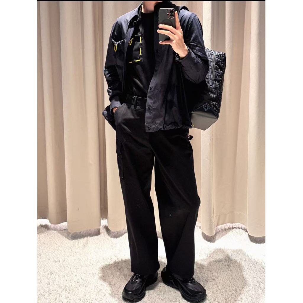 Fendi Lapel Contrast Color Drawstring Patch Pocket Silk เสื้อแขนยาว