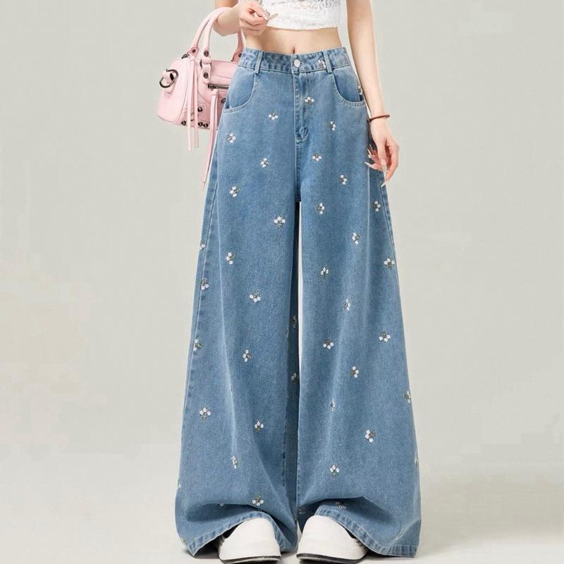 (XS-6XL) Jinjeans กางเกงยีนส์สาวอวบปักลายดอกสีขาวน่ารักมาก กระบอกใหญ่ (8003)