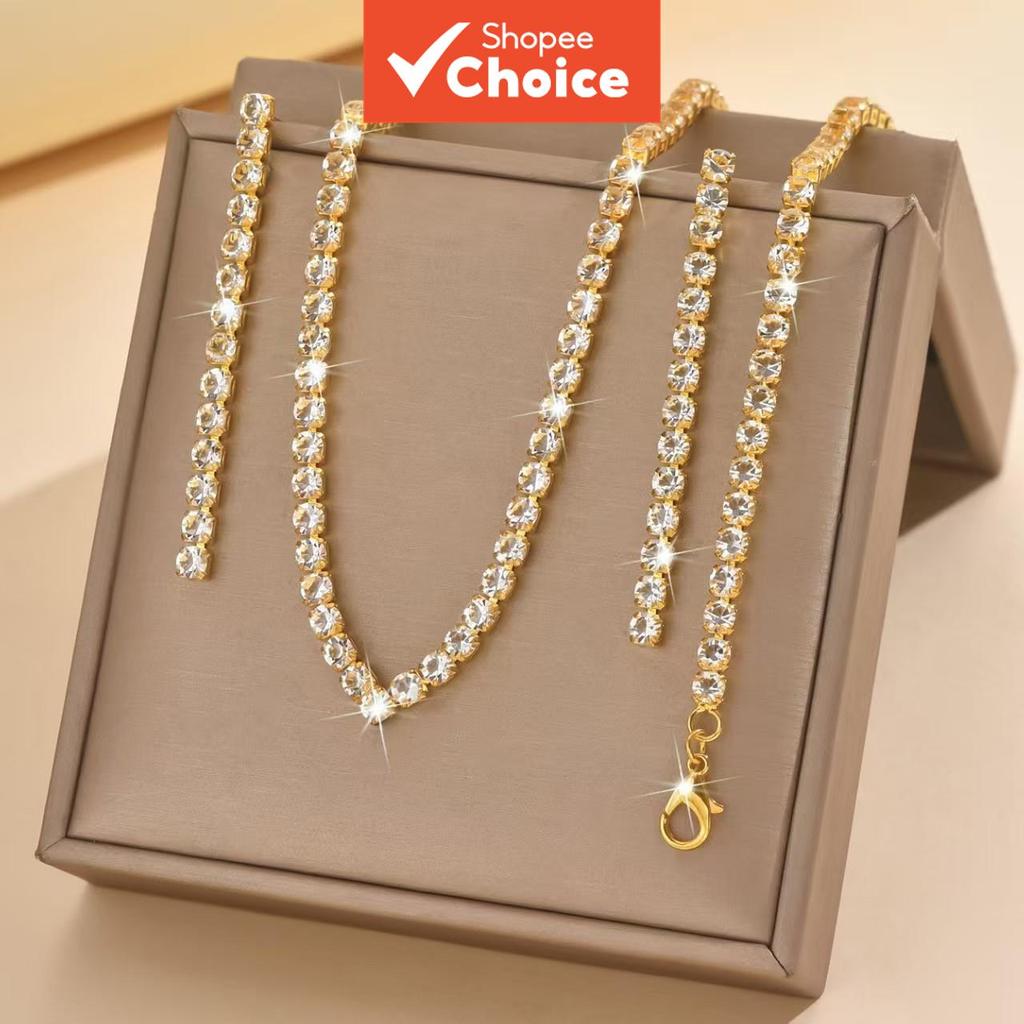 เครื่องประดับ Rhinestone หรูหราชุด Zirconia สร้อยคอสร้อยข้อมือต่างหู 3 ชิ้น