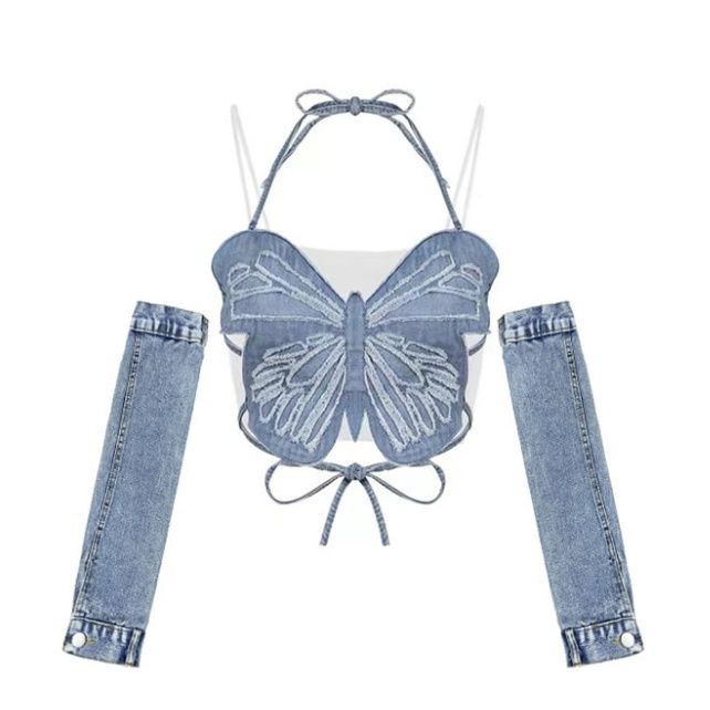 Millennium Hot Girl y2k Butterfly Suit Sling Halterneck Vest Strap Design Feel Y2K Denim Sleeves2605