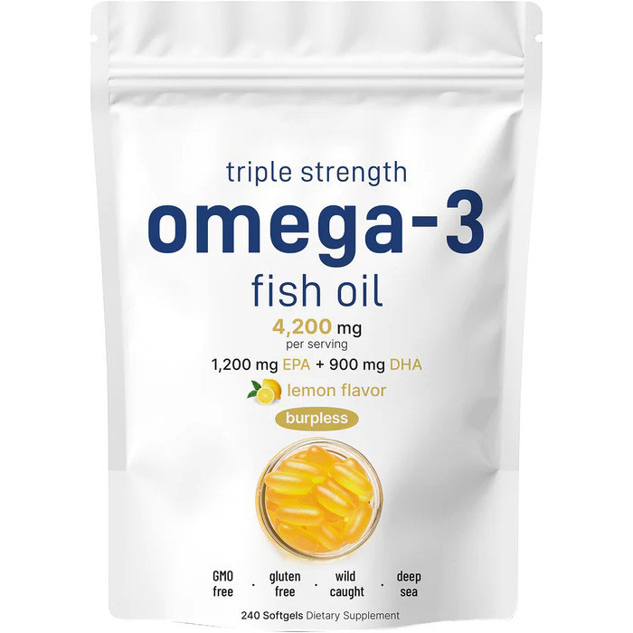Triple Strength Omega-3 Fish Oil 4200mg Burpless รสมะนาว,240 Softgels Omega-3 Fish Oil ผลิตภัณฑ์เสริ
