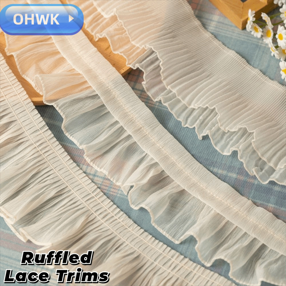 OHWK ชีฟองลูกไม้ Trims, 2Yards ชีฟอง Ruffled ลูกไม้ Trims, กว้าง 9-12 ซม.ผ้าชีฟอง