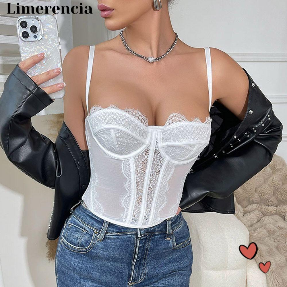 LIMERENCIA Mesh Bustier Tops, สปาเก็ตตี้อารมณ์ลูกไม้รัดตัวด้านบน, ฤดูร้อนแขนกุด Casual French Out Cr