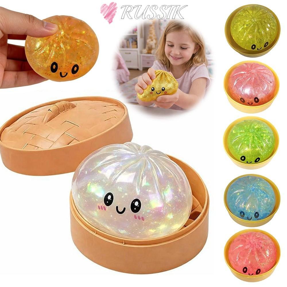 RUSSIK เกี๊ยว Squishy ของเล่น, Glitter Soft Steamed ตุ๊กตา Bun Squishy Pinch Le, ของขวัญพร้อม Steamer Fidget Slow Resilience Squishy ของเล่นบรรเทาความเครียดความวิตกกังวล